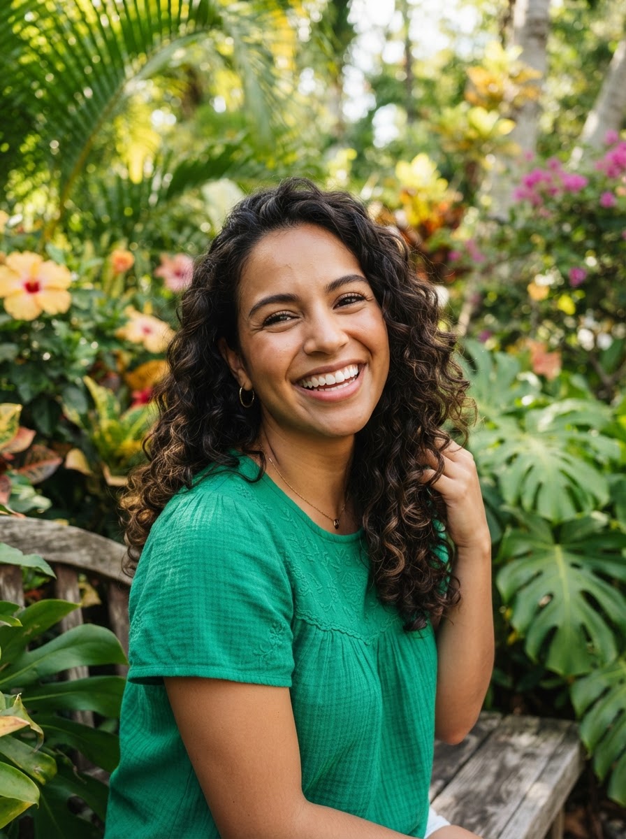 An attractive Latina woman in a green top with a bright smile and tropical backdrop