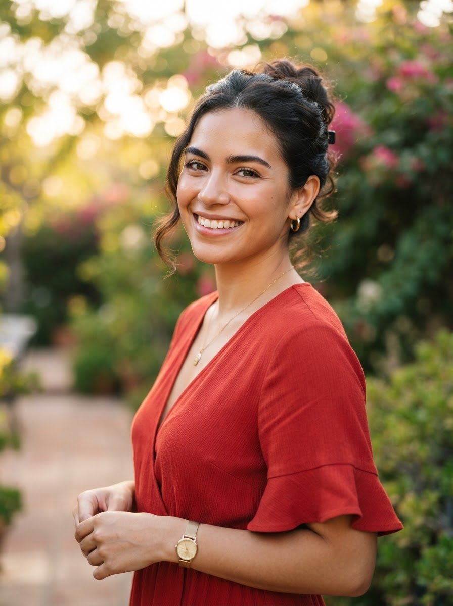 An attractive Latina woman in a red dress with a warm genuine smile