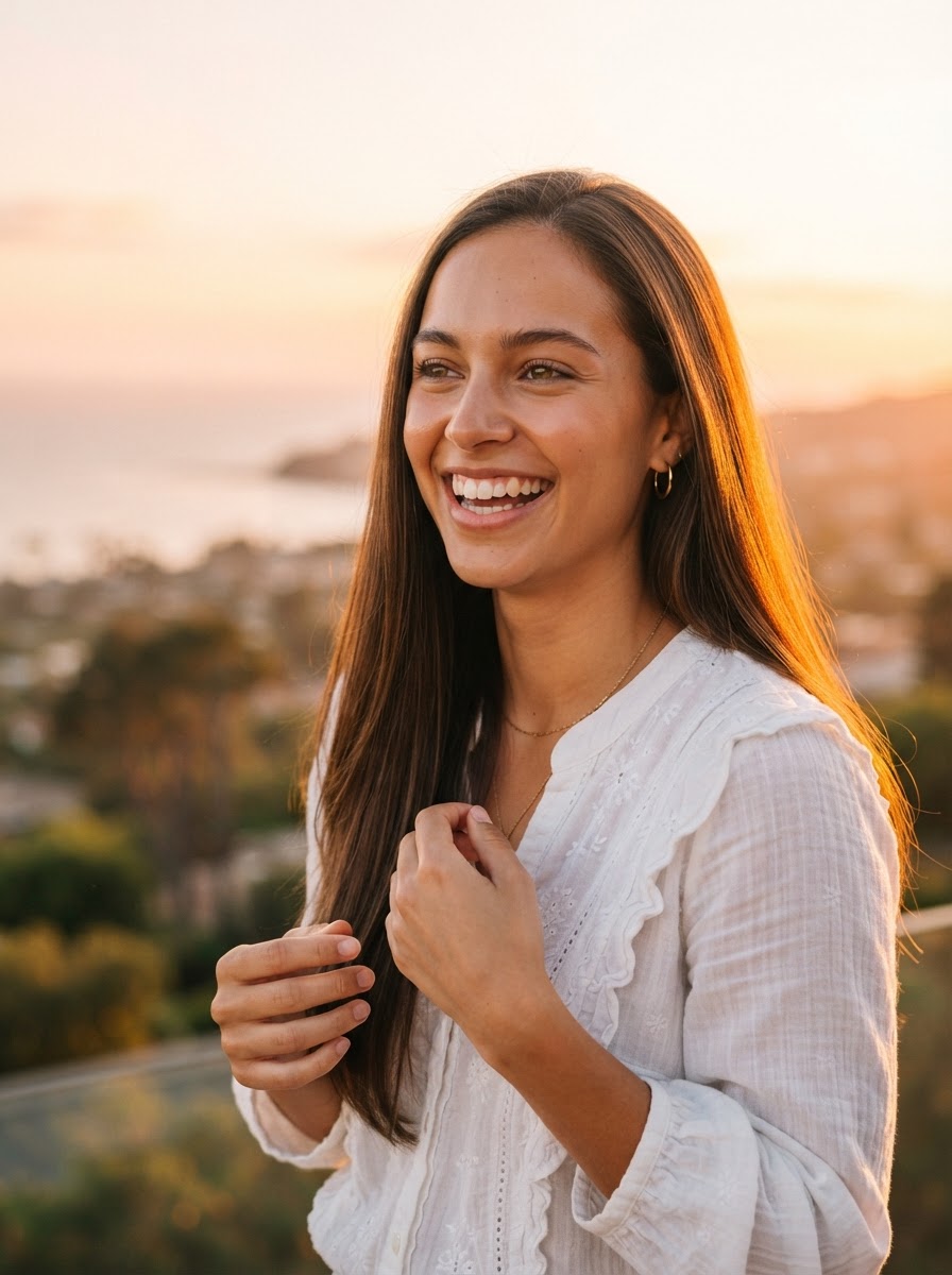 An attractive Hispanic woman in a white blouse with a joyful expression at sunset