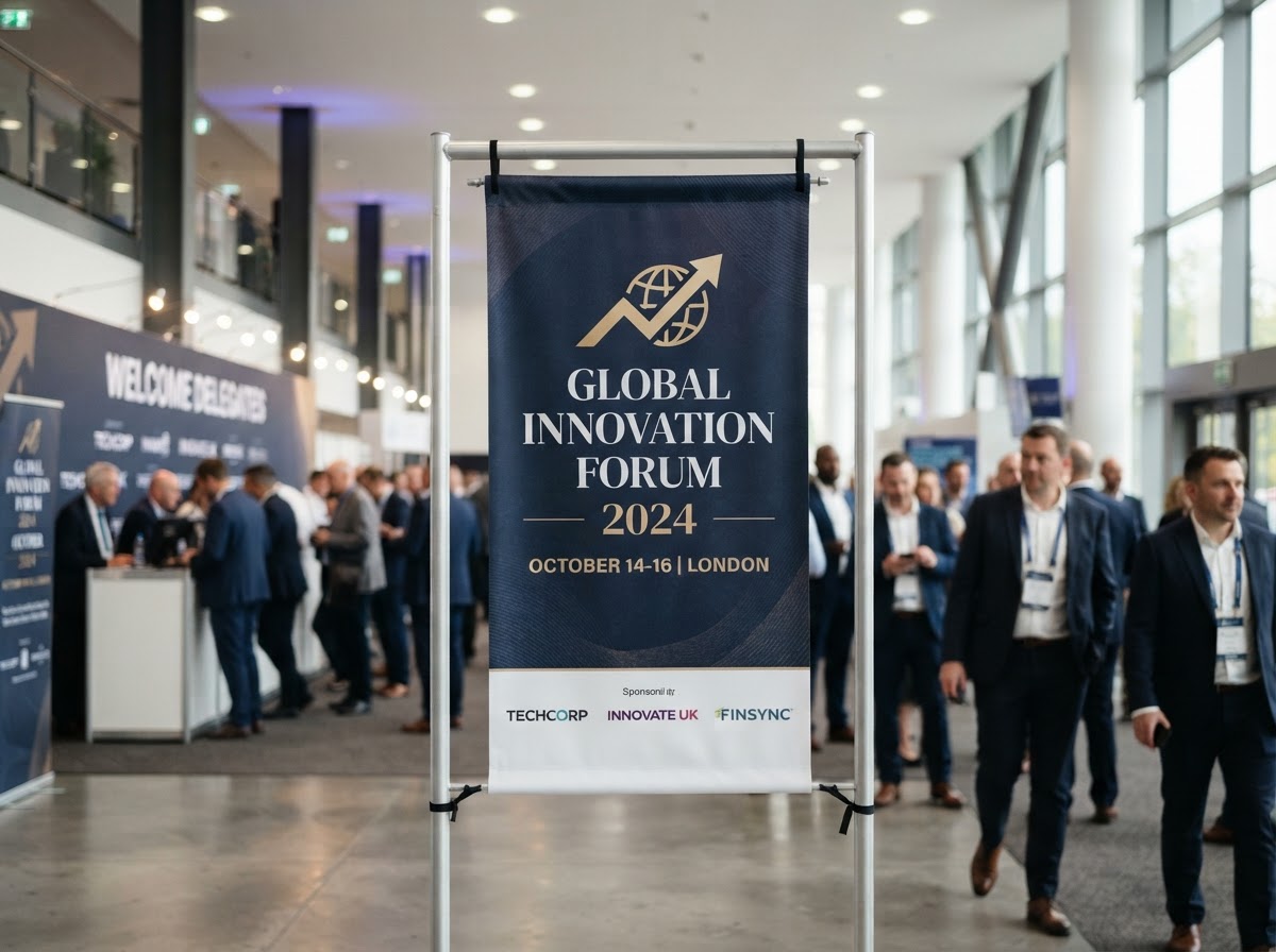 Close-up and installed example of a fabric banner at an indoor event