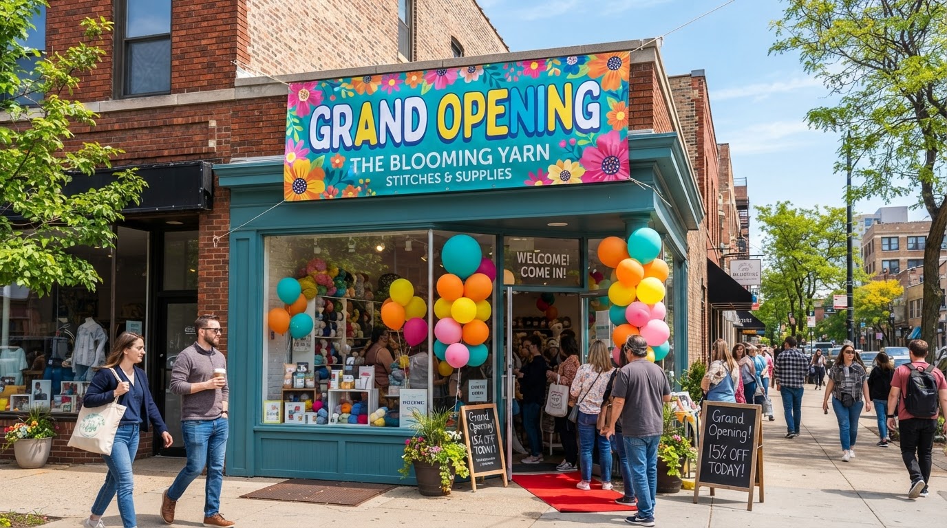 A finished vinyl banner displayed at a storefront grand opening