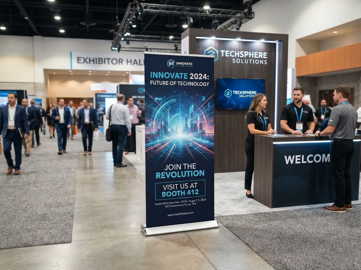 A retractable banner stand in a trade show lobby setting