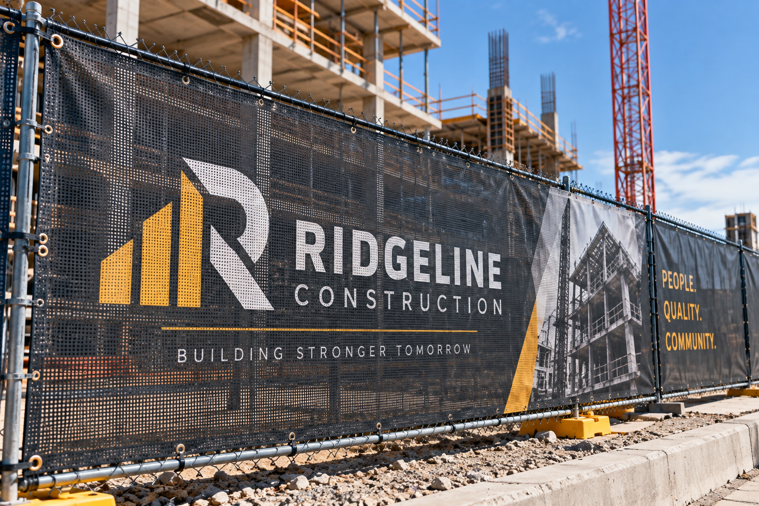 Perforated mesh banner installed on an outdoor construction fence