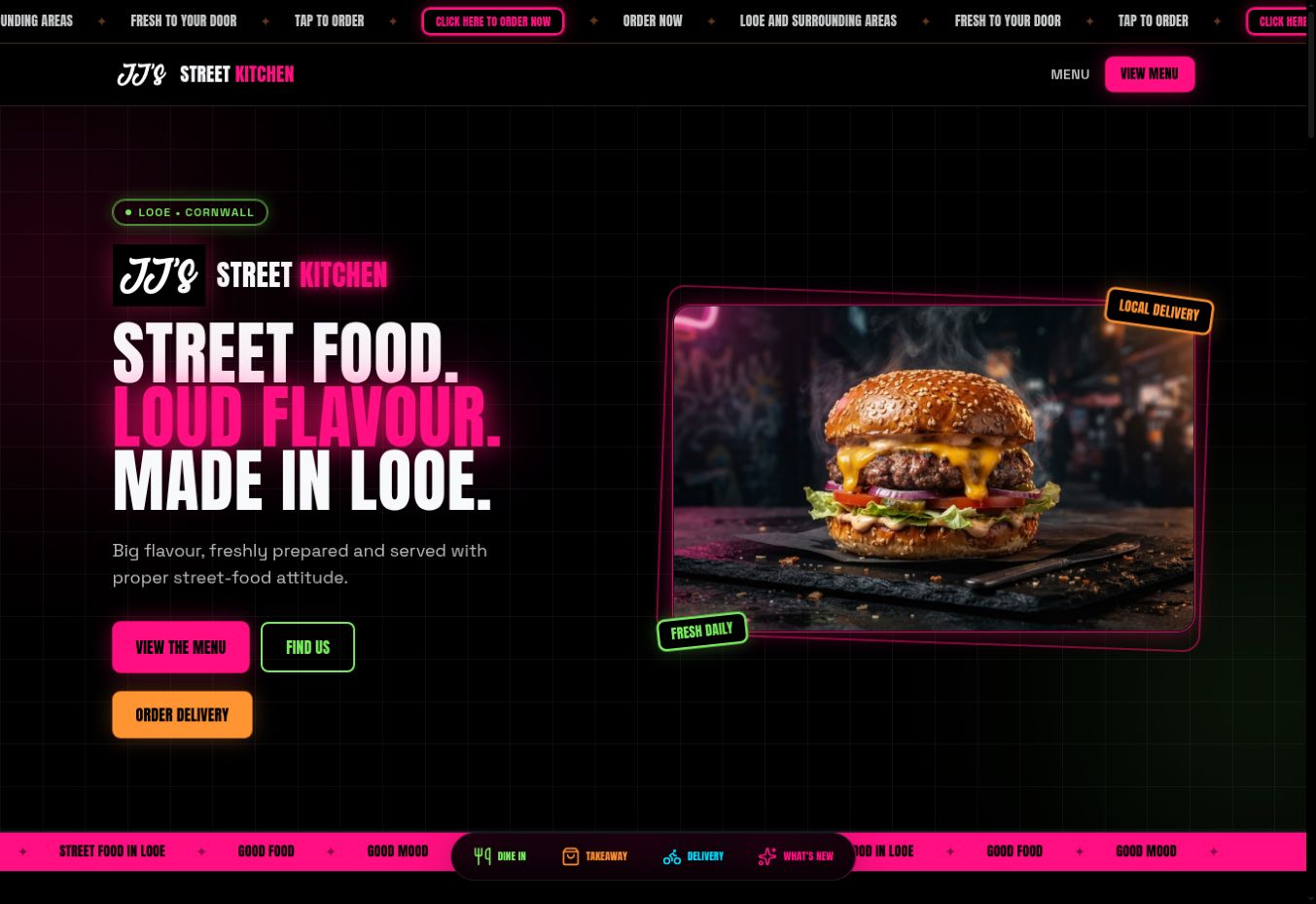 JJ's Street Kitchen — Looe website screenshot — Street Food & Hospitality