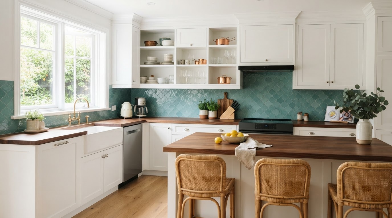 Freshly refinished white kitchen cabinets