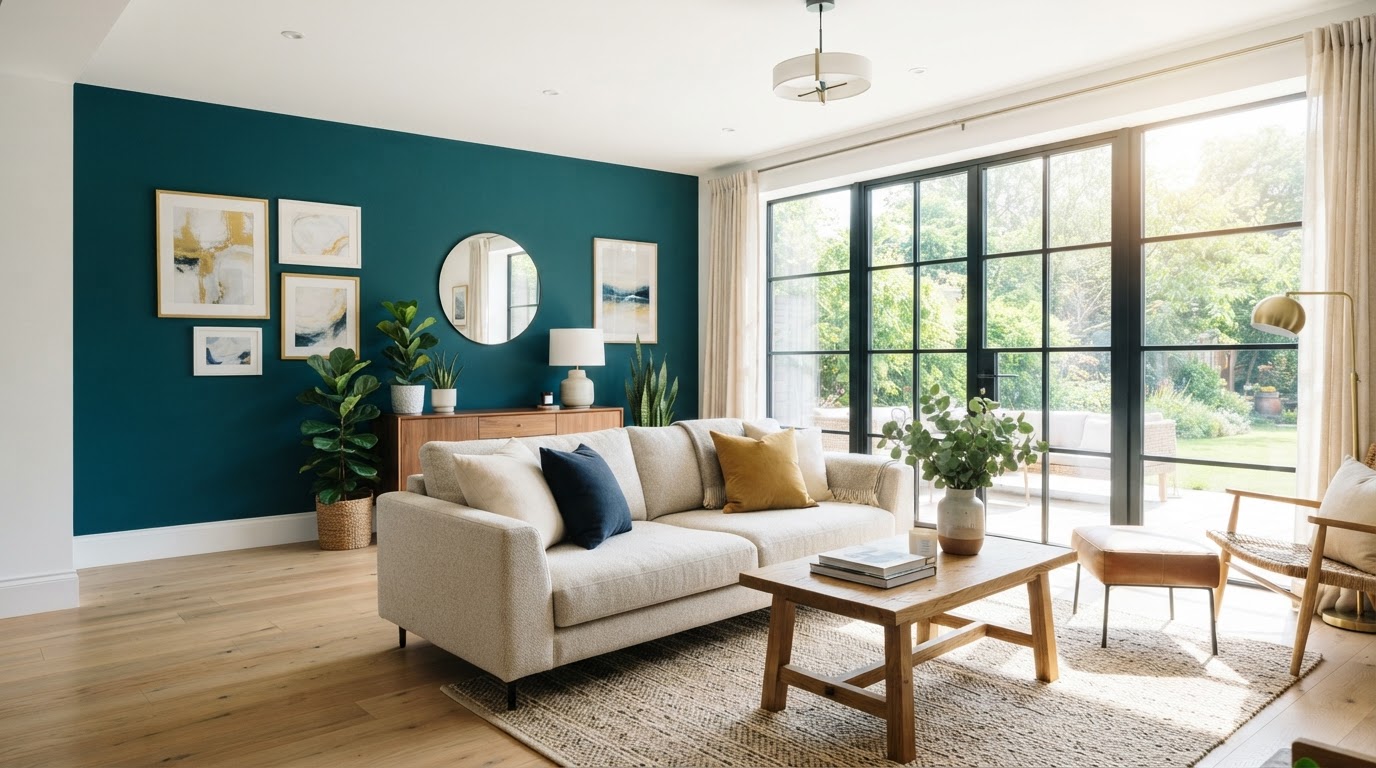 Freshly painted teal accent living room