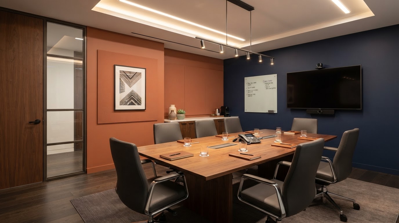 Modern executive office suite with terracotta and navy painted walls
