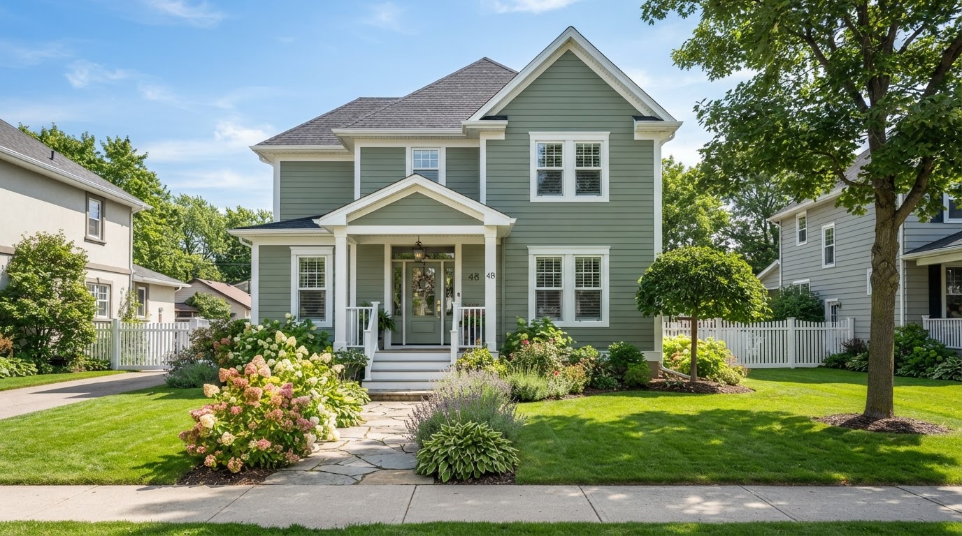 Freshly painted sage siding home exterior