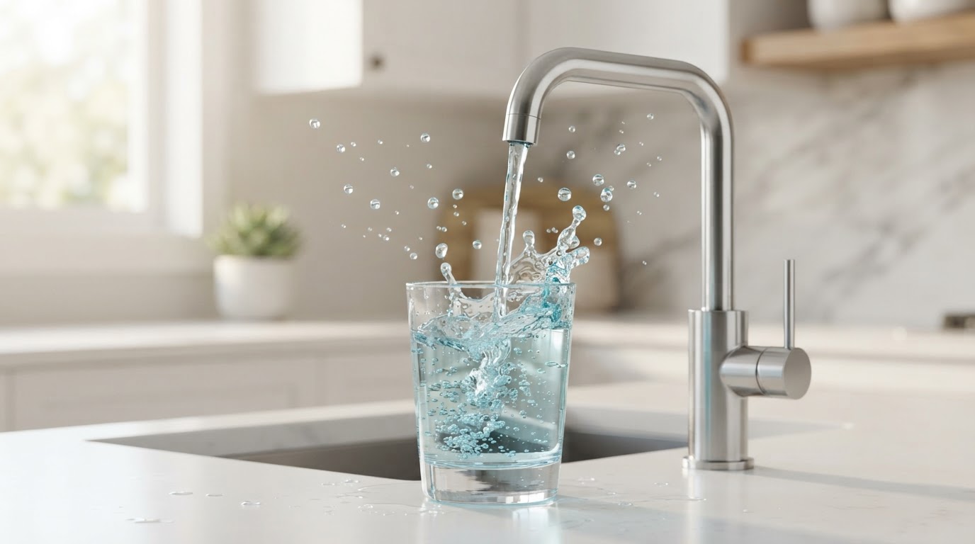 Clear purified water filling a glass from a kitchen tap
