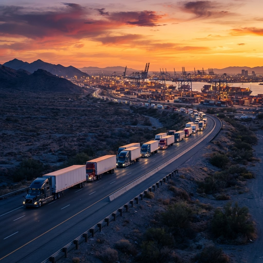Freight trucks on highway at sunset — Arabital Shipping vision for global logistics