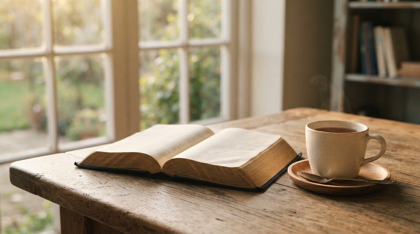 An open Bible resting on a wooden table in warm morning light