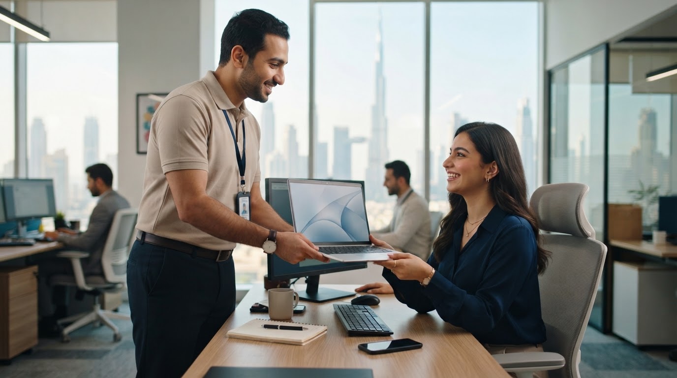 An IT specialist handing a laptop back to a smiling office employee at their desk