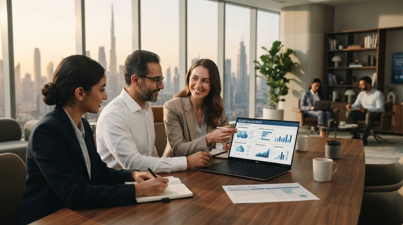 A small team in a bright Dubai office working on laptops with Workspace calendar and documents