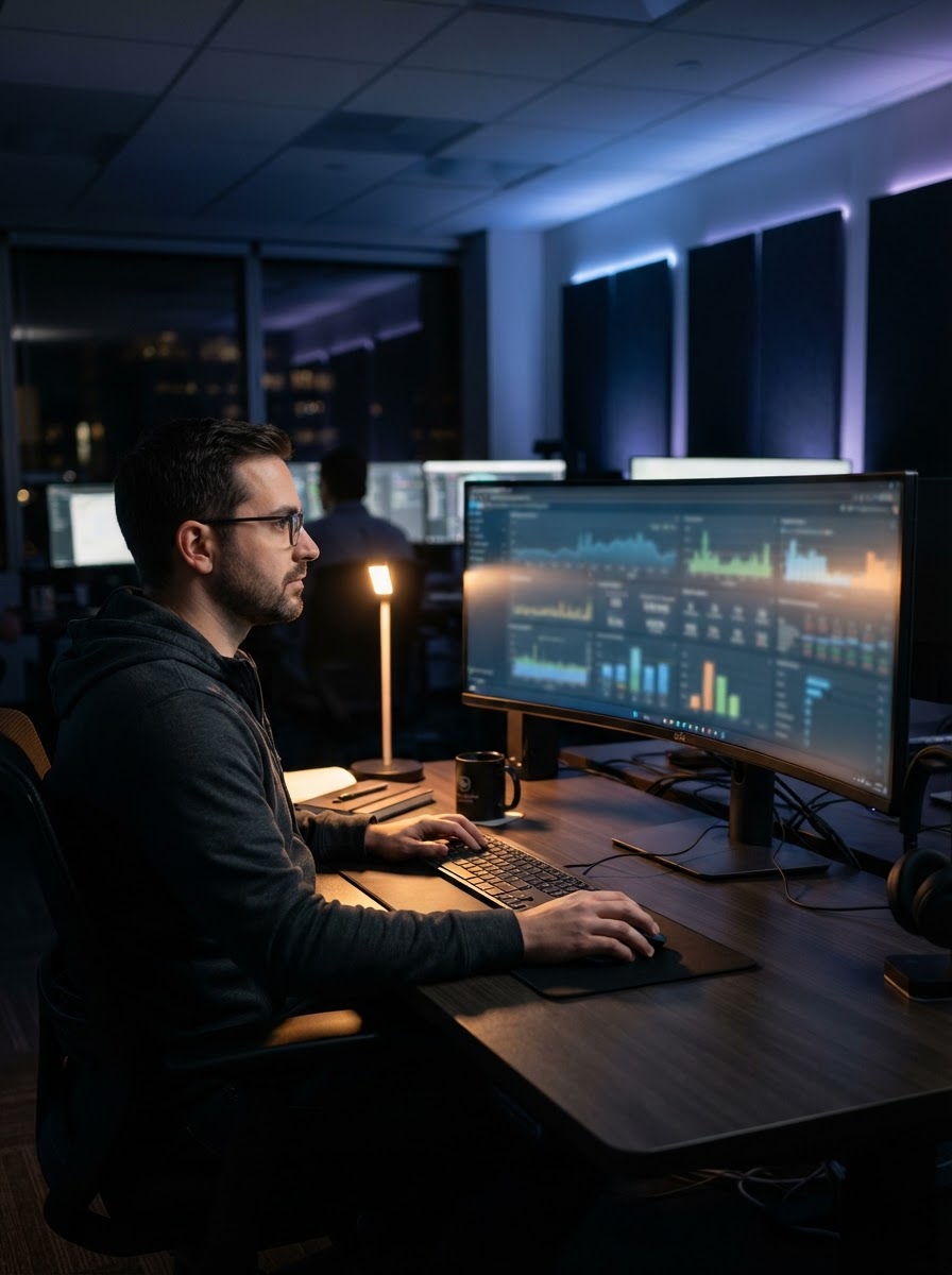 An engineer at a desk reviewing a server monitoring dashboard