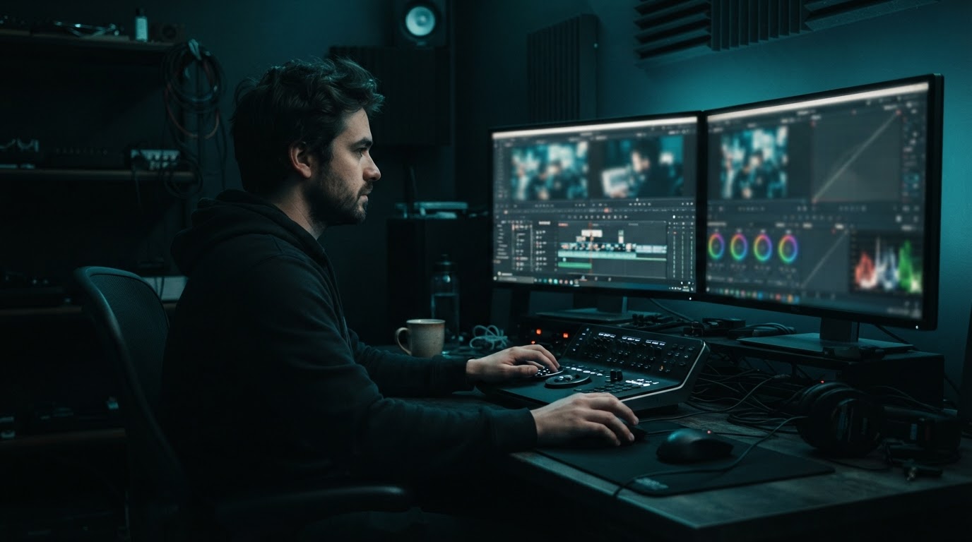 A video editor at a desk with two monitors showing a timeline and colour grading panels