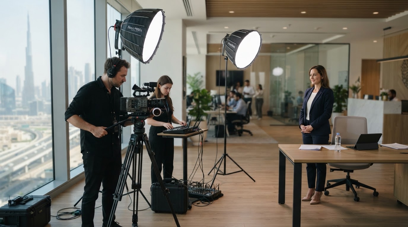A small film crew setting up a camera and soft lights in a bright Dubai office