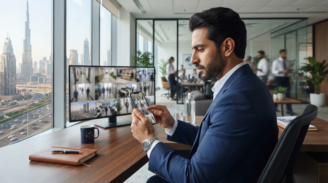 A business owner viewing a grid of CCTV camera feeds on a smartphone