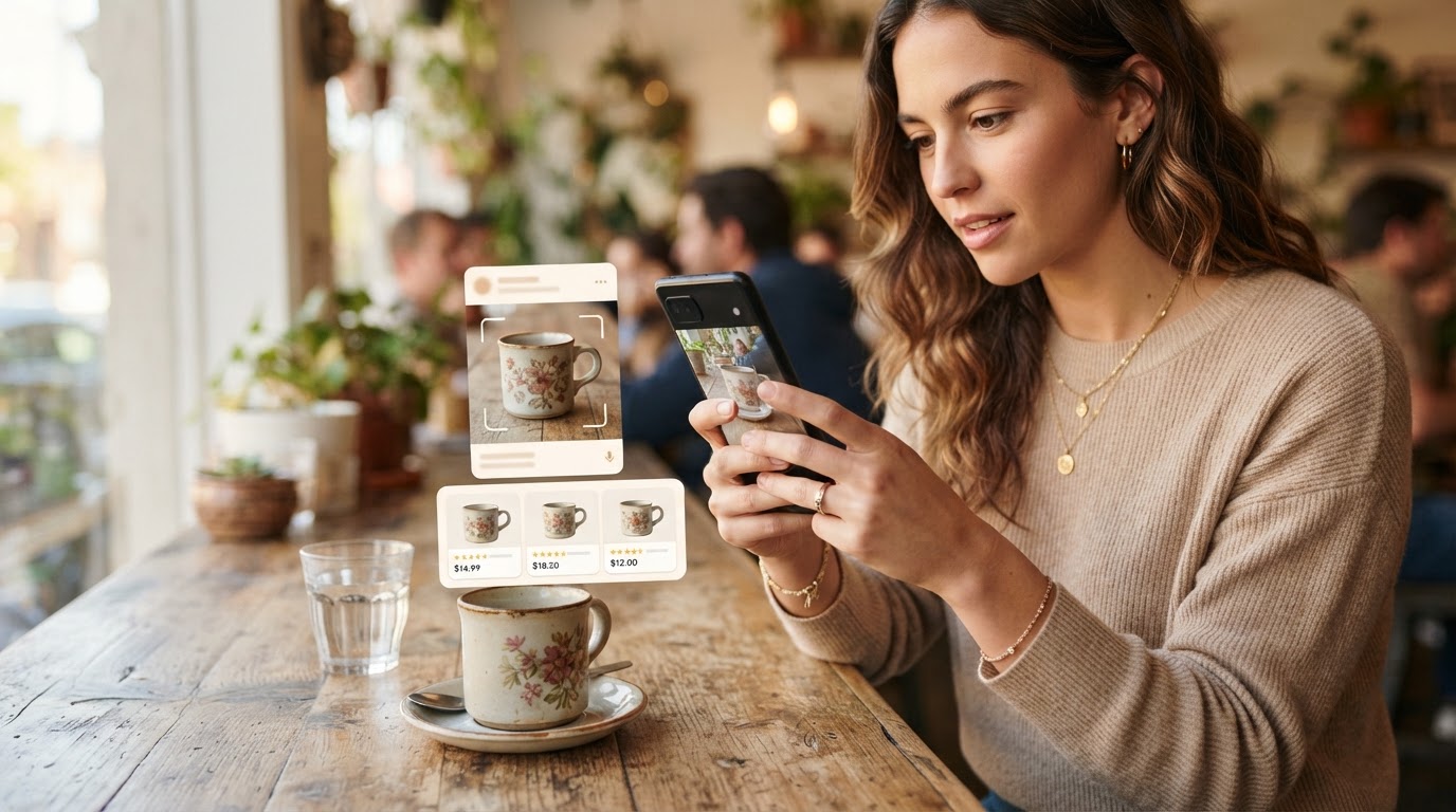 Person searching visually on a smartphone with AI-powered suggestions overlay