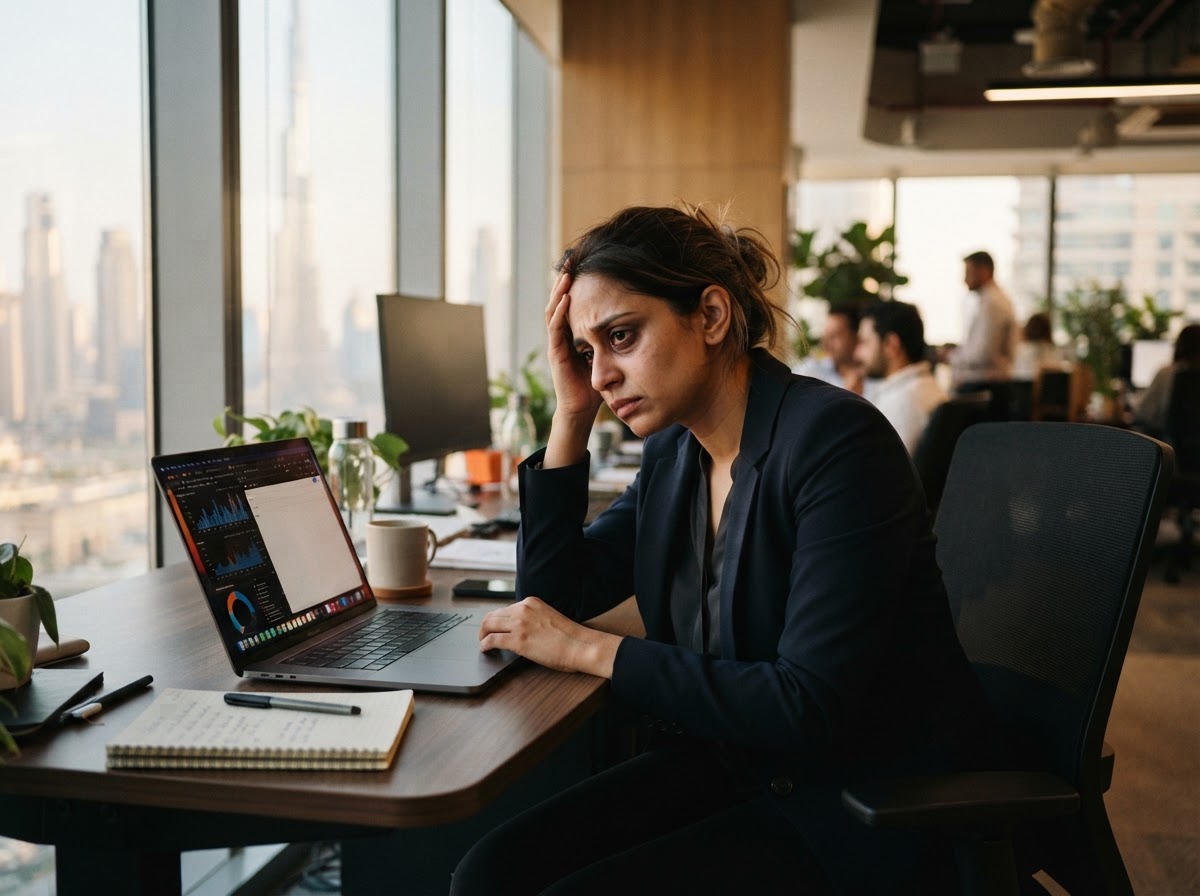 Busy professional woman overwhelmed by messages, calls and approvals from four separate vendors