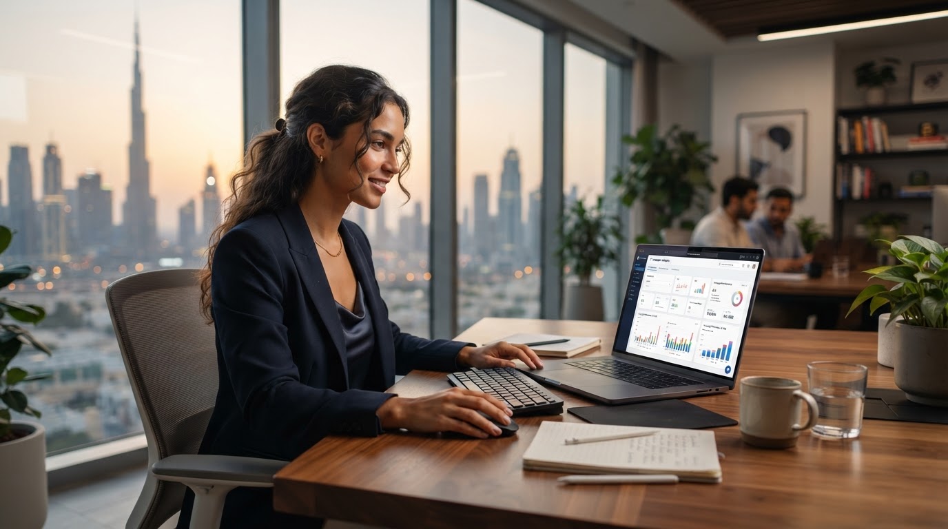 A marketer at a desk in a Dubai office reviewing a campaign dashboard with charts on a laptop
