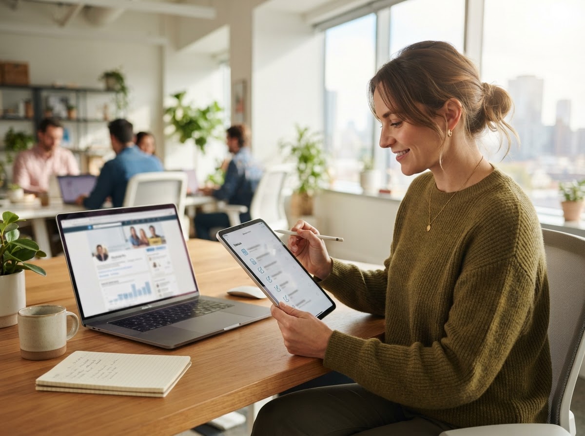A marketer reviewing a checklist on a tablet next to a laptop showing a business profile page