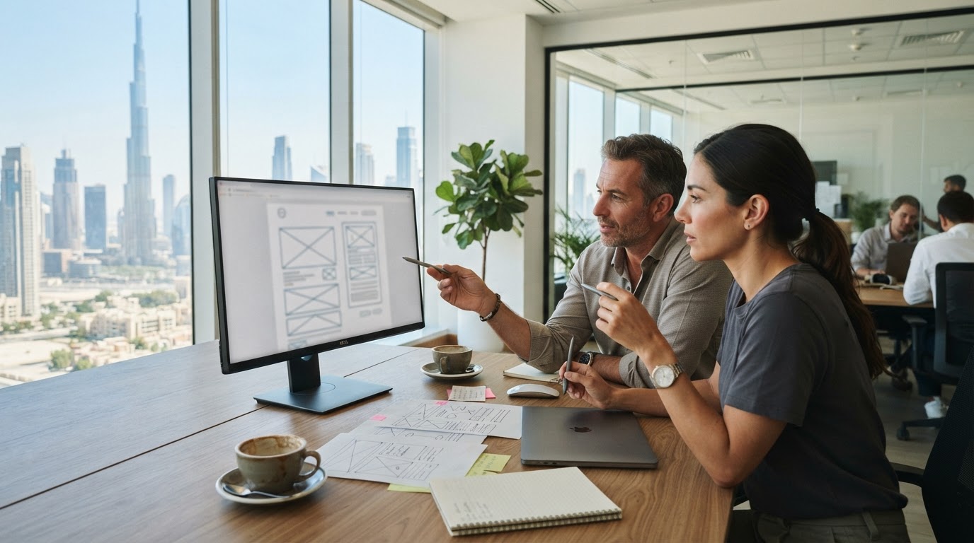 A web designer and a business owner reviewing a website layout on a large monitor in a bright Dubai office