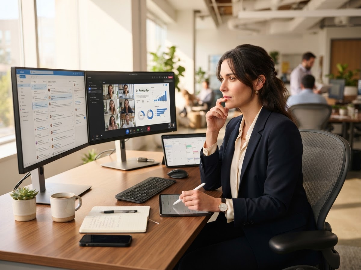 Busy professional woman overwhelmed by messages, calls and approvals from four separate vendors