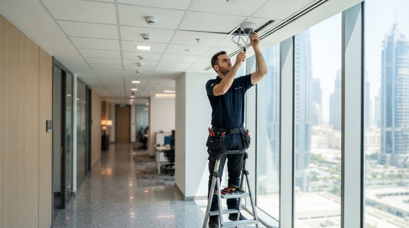 A technician on a short ladder fitting a dome camera to the ceiling of a modern office corridor in Dubai