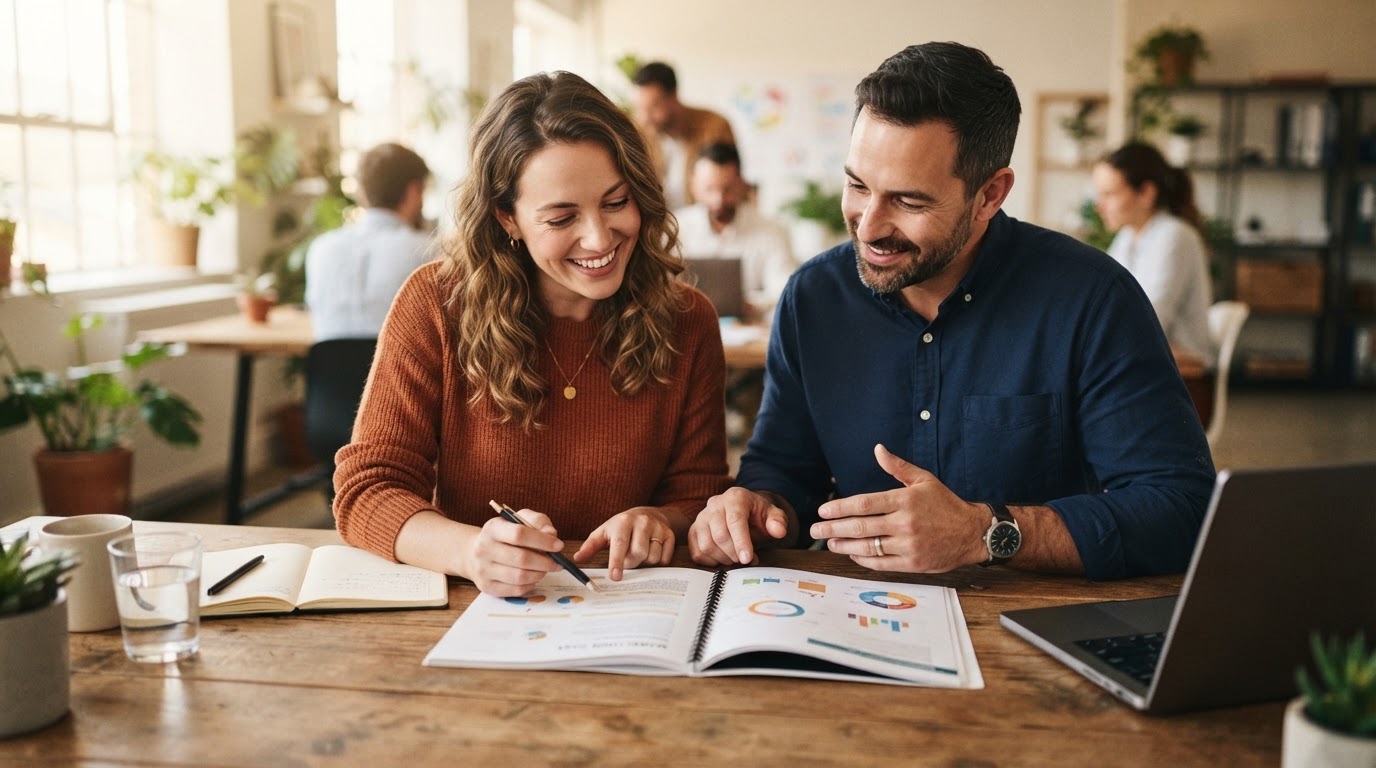Two people at a desk reviewing a printed marketing plan together, one from the client side and one from the agency side