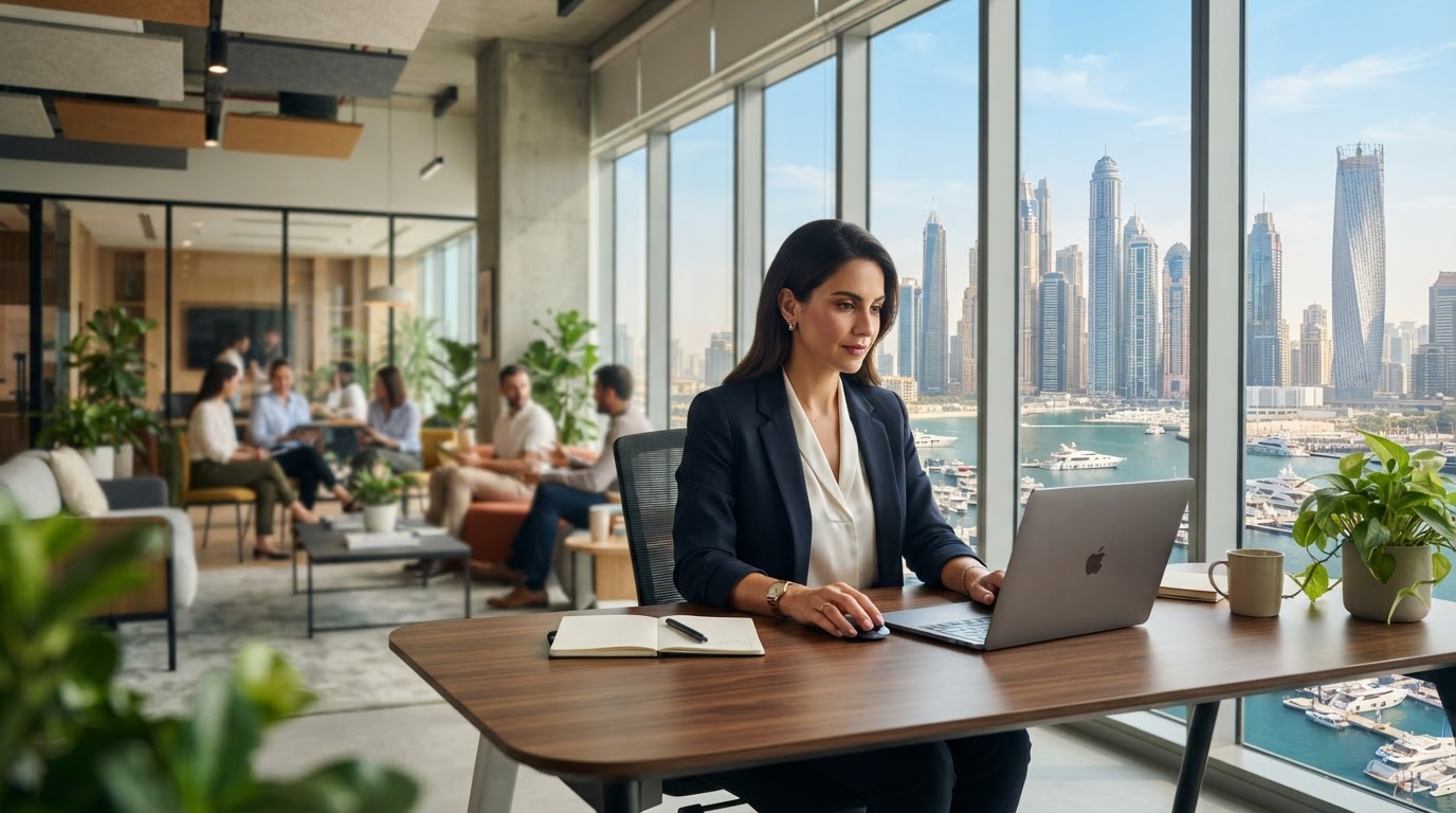 Professional woman working at her desk in a modern Dubai digital marketing agency office