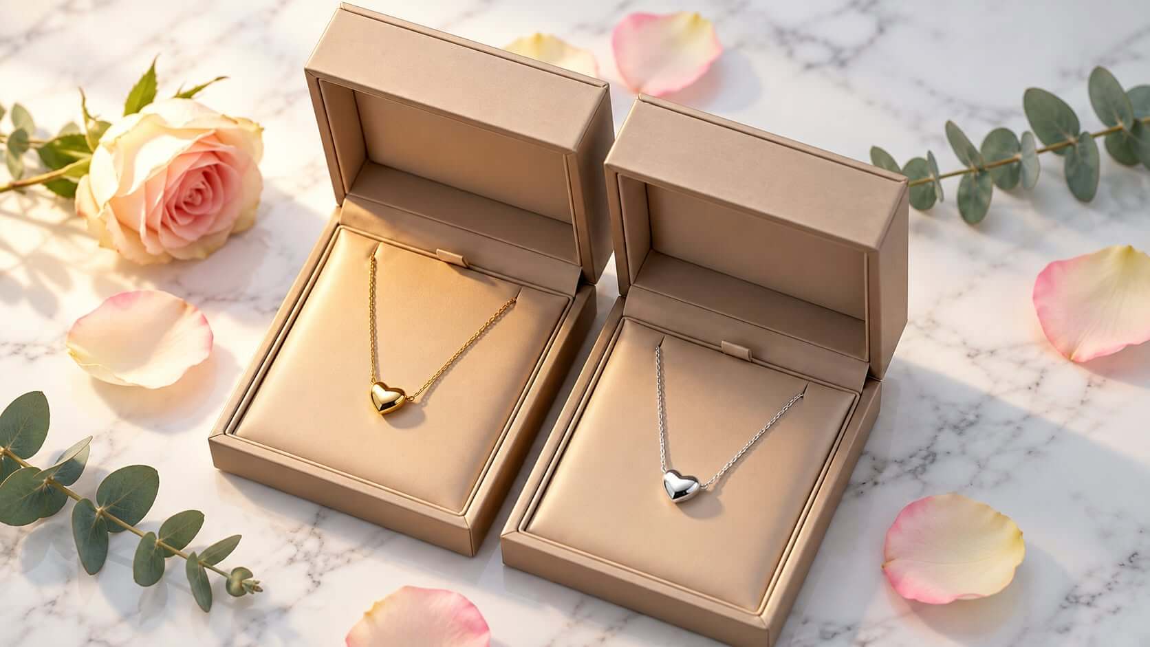 Gold and silver heart pendants in bespoke presentation boxes surrounded by rose petals and eucalyptus