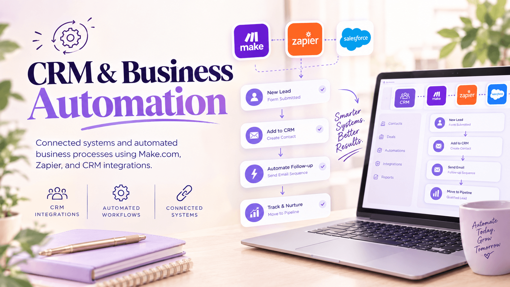 CRM & Business Automation — Connecting Make, Zapier, Salesforce, CRM contact pipelines, and automated follow-up
