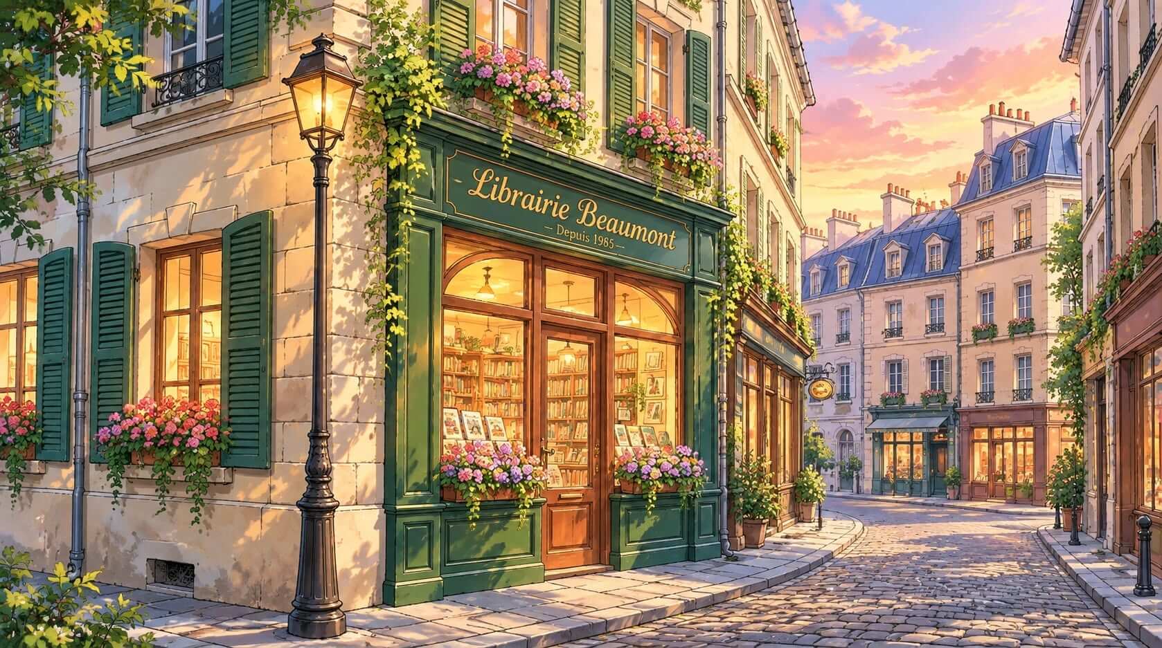 Charming Parisian street corner bookshop with emerald green facade, warm glowing windows, and cobblestones at golden hour