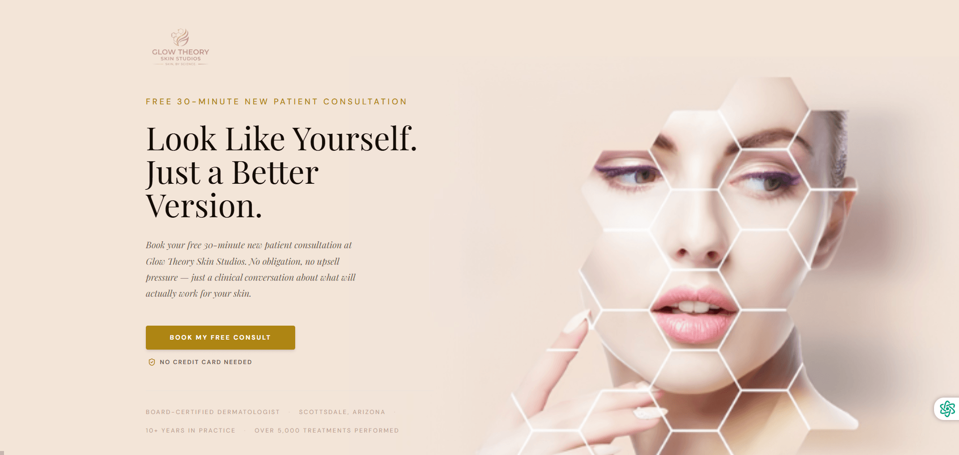 Glow Theory Skin Studios consultation funnel desktop landing page with warm ivory, peach, and gold visual palette