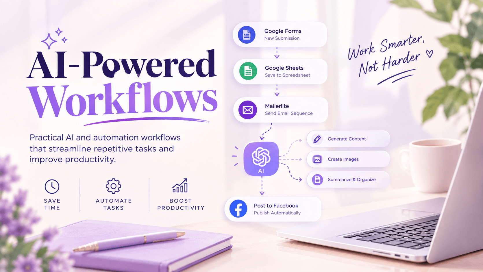 AI-Powered Workflows — Google Forms, Google Sheets, Mailerlite, AI generation, and multi-channel publishing