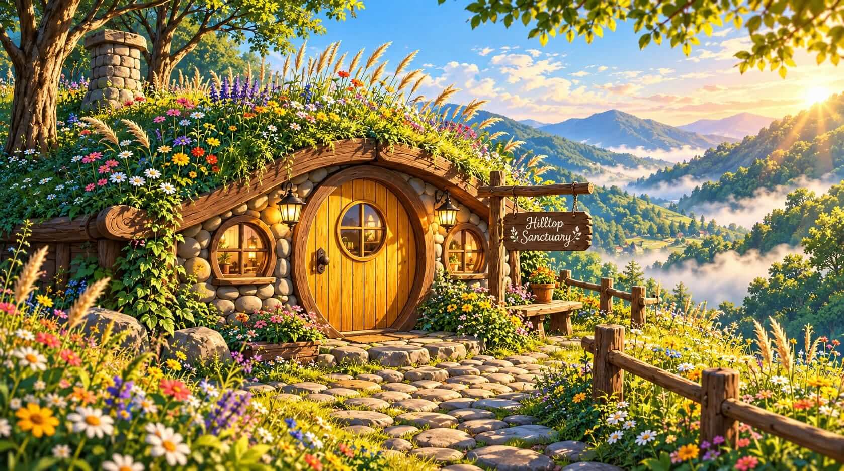 Cozy stone and wood cottage with round door, wildflower roof garden, cobblestone path and mountain sunrise