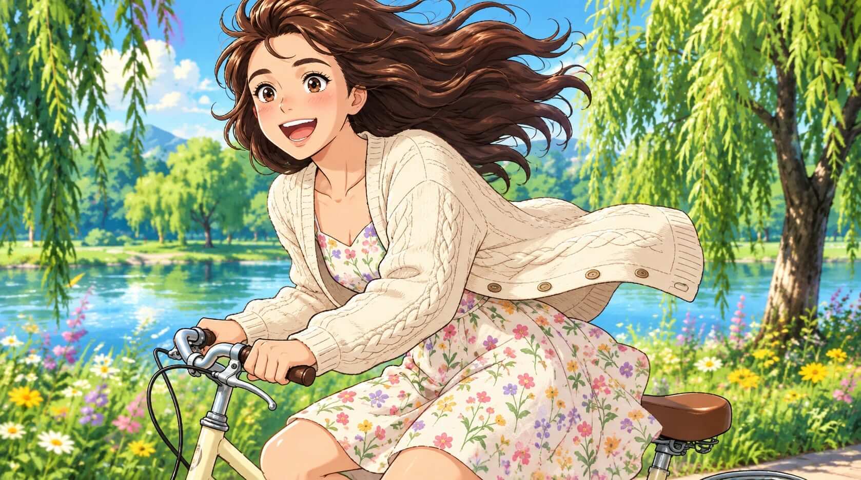 Joyful young woman with flowing brown hair riding a bicycle along a sunlit riverbank under weeping willows