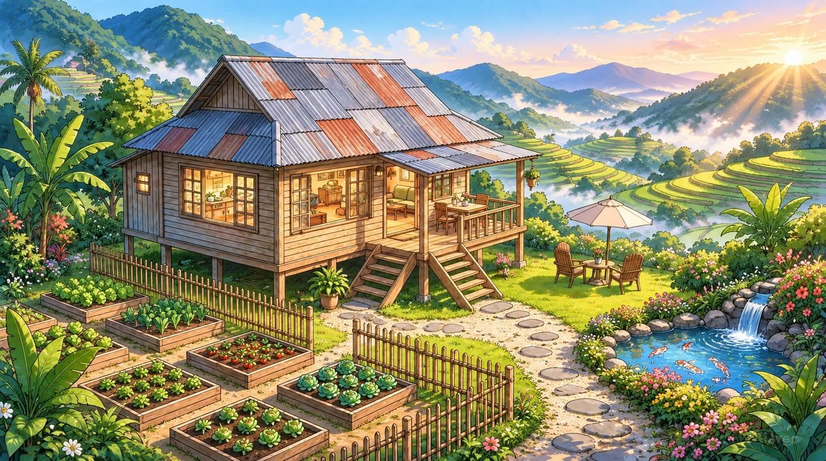 Traditional countryside stilt house with raised vegetable beds, koi pond, and terraced rice paddies in misty mountains