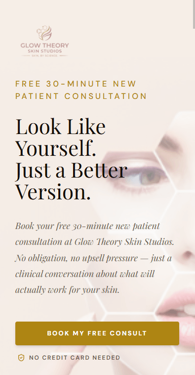 Glow Theory Skin Studios mobile responsive consultation layout with warm gold CTA
