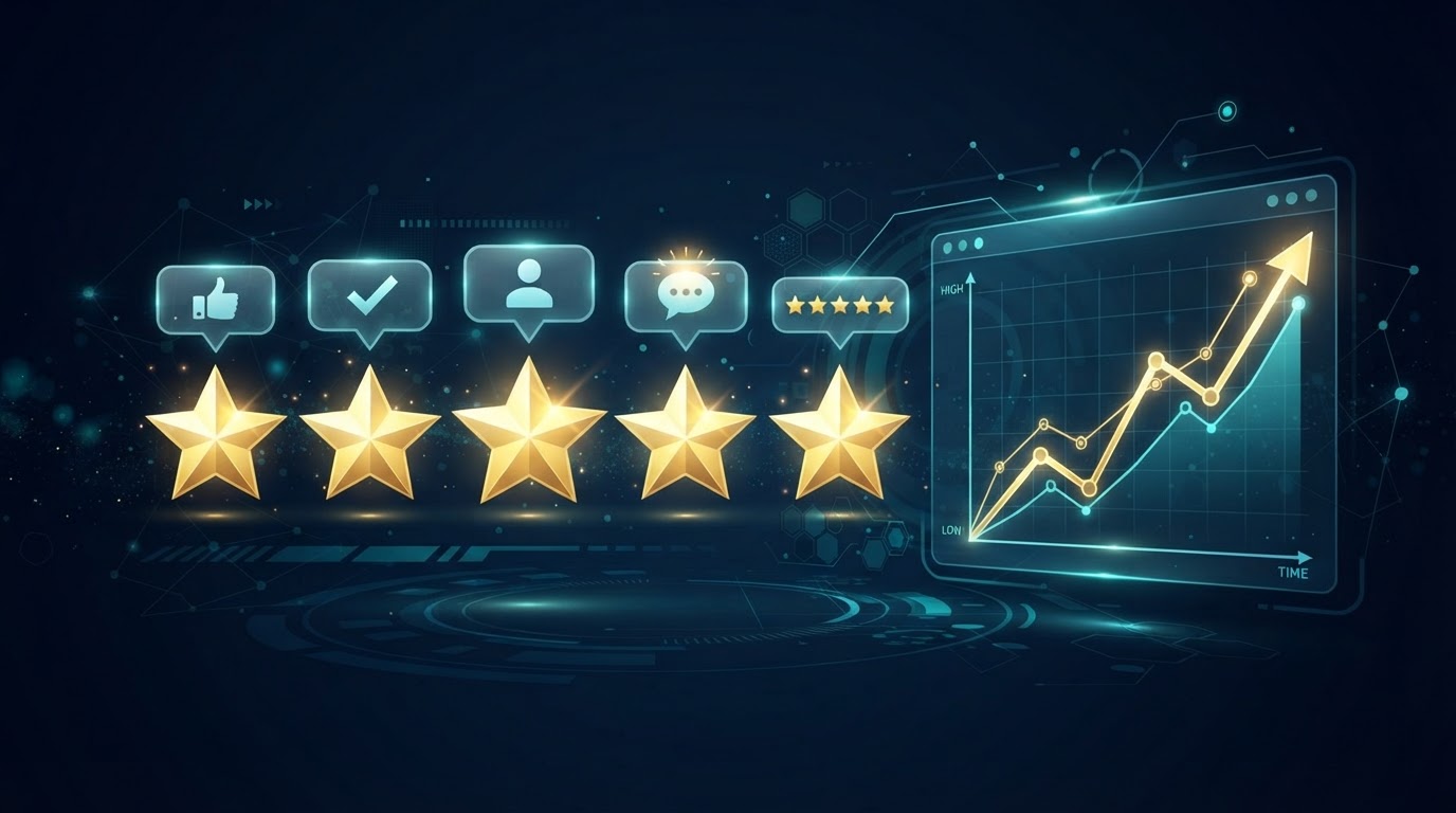 Review and reputation management — five gold stars with review bubbles and a rising graph.