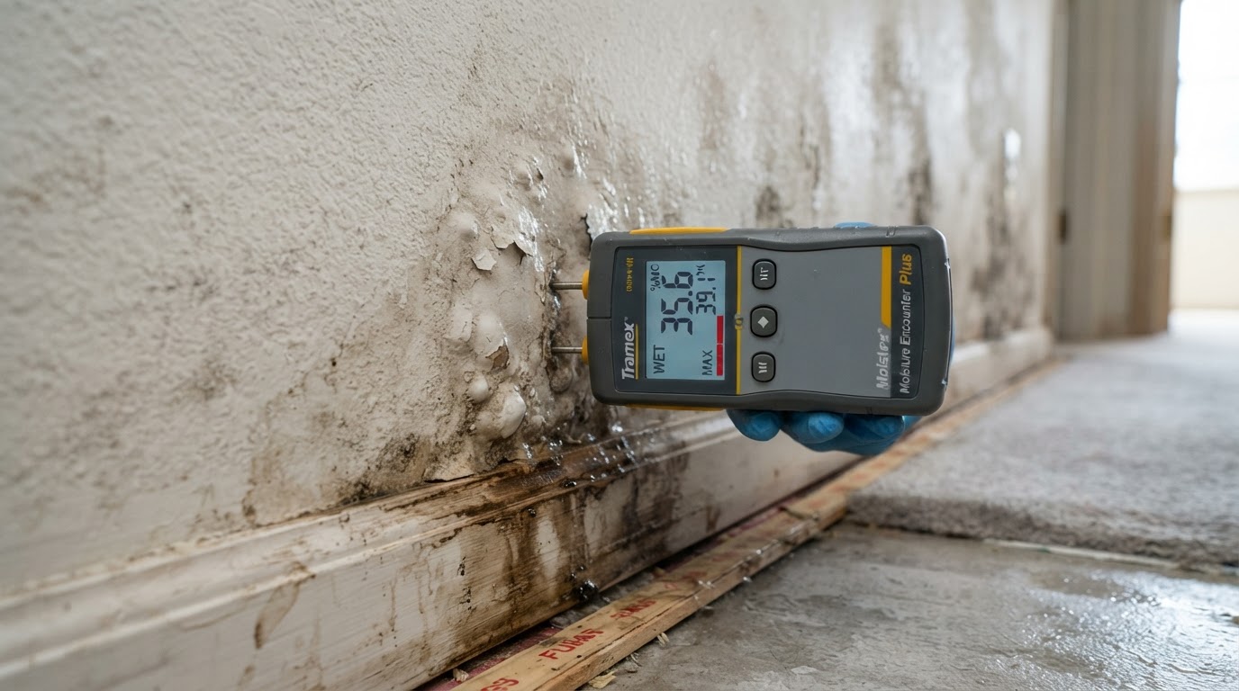moisture meter checking for hidden water inside a stained drywall wall in a Wilmington NC home