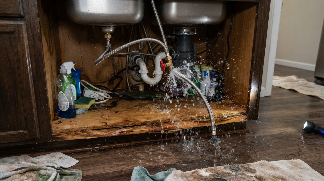 broken appliance supply line under a kitchen sink leaking water onto cabinet flooring in a Wilmington NC home