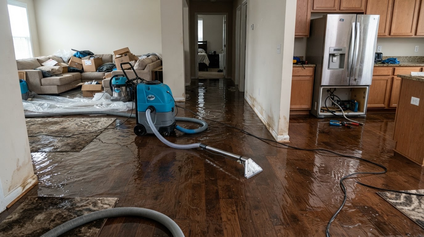 large indoor standing water from a major water line break with extraction equipment in a Wilmington NC property