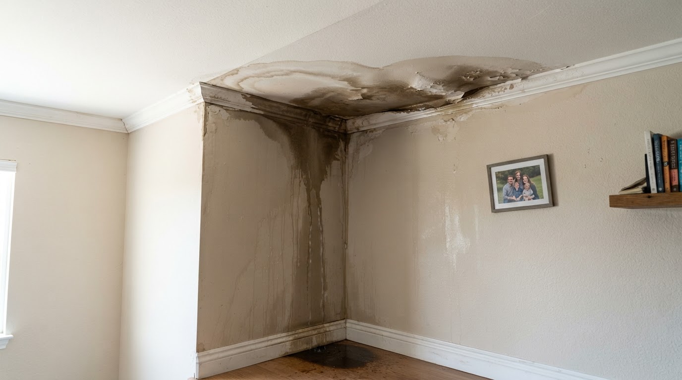interior ceiling and wall water intrusion from a roof leak in a Wilmington NC home with staining