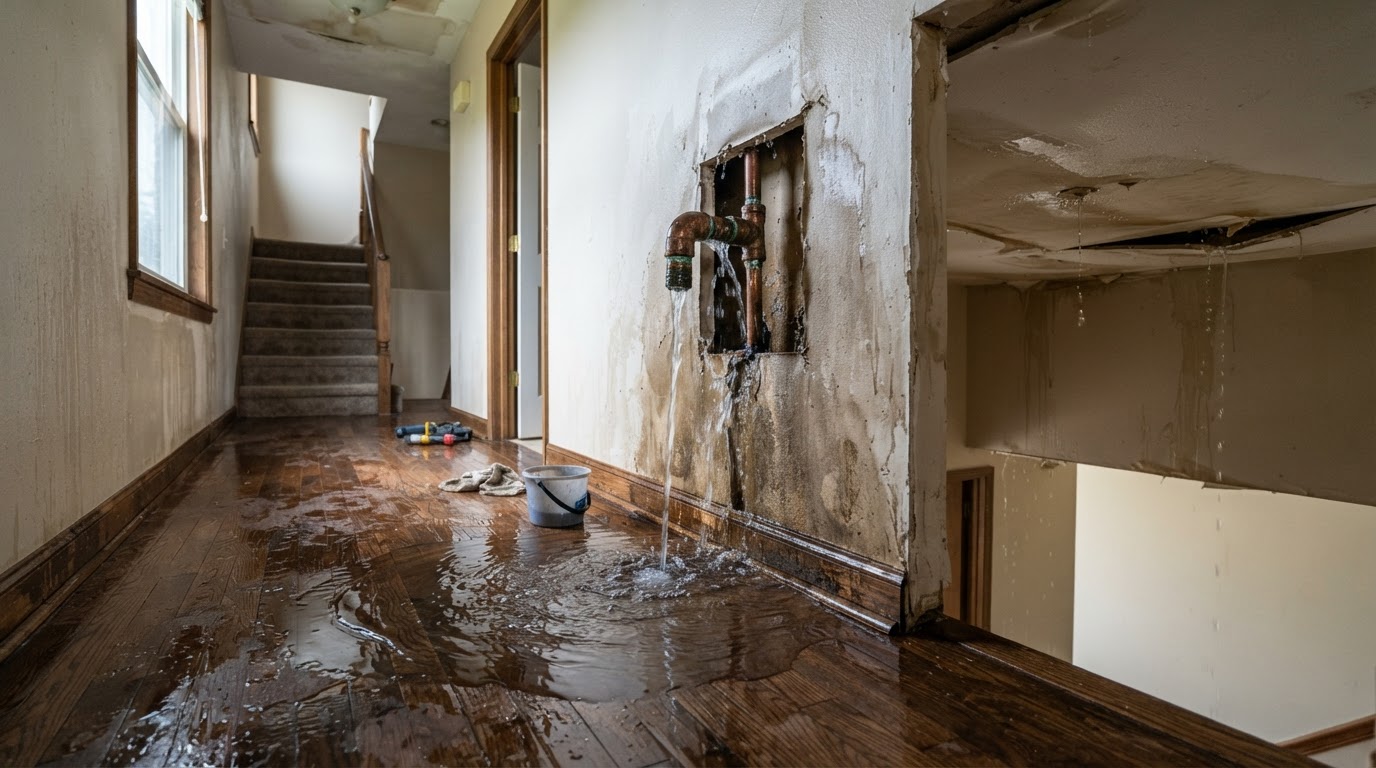 Before burst pipe water damage cleanup in Kure Beach, North Carolina