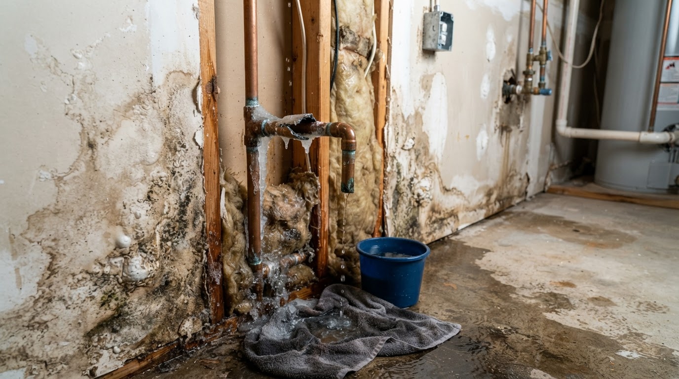 water damage from a burst frozen copper pipe with staining on drywall and flooring in a Wilmington NC home