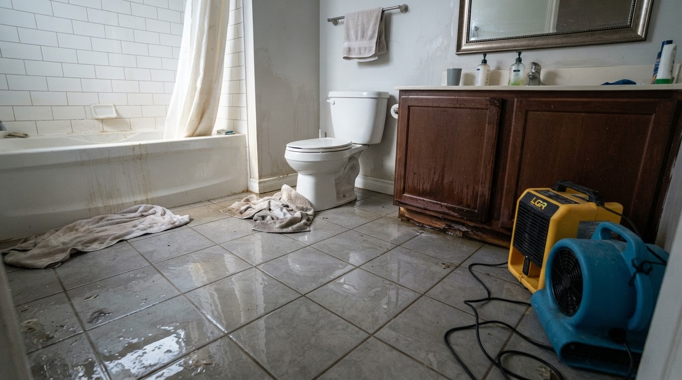 bathroom water damage from a toilet and tub overflow with water pooling on tile flooring in a Wilmington NC home