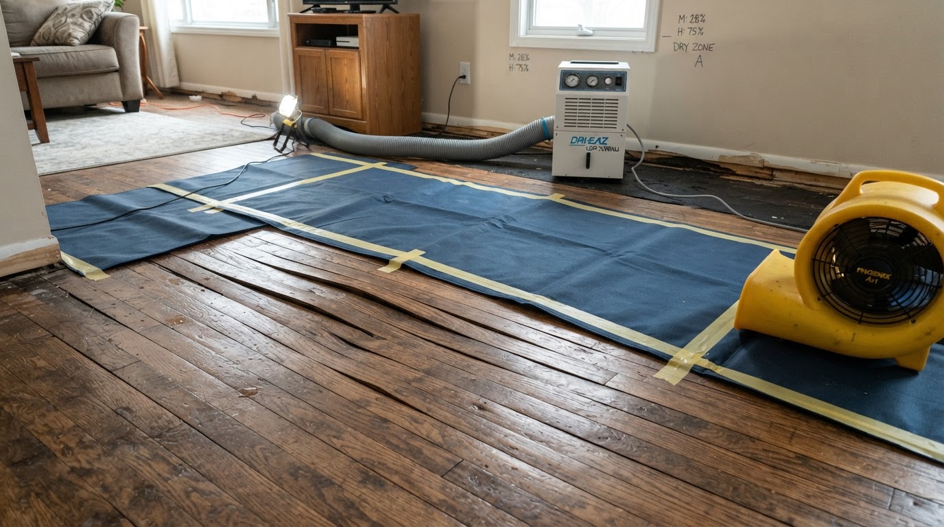 water-damaged hardwood flooring with a specialty floor drying mat and air mover in a Wilmington NC home
