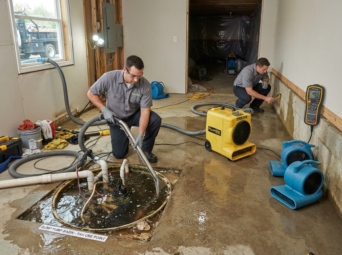 Sump pump failure water cleanup in Wilmington NC
