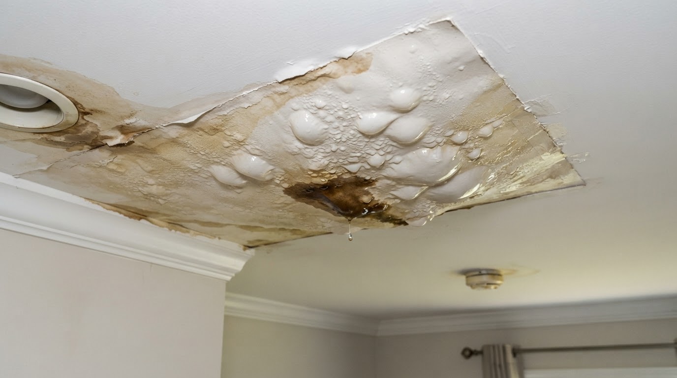 wet sagging ceiling drywall with bubbling paint after interior water damage in a Wilmington NC home
